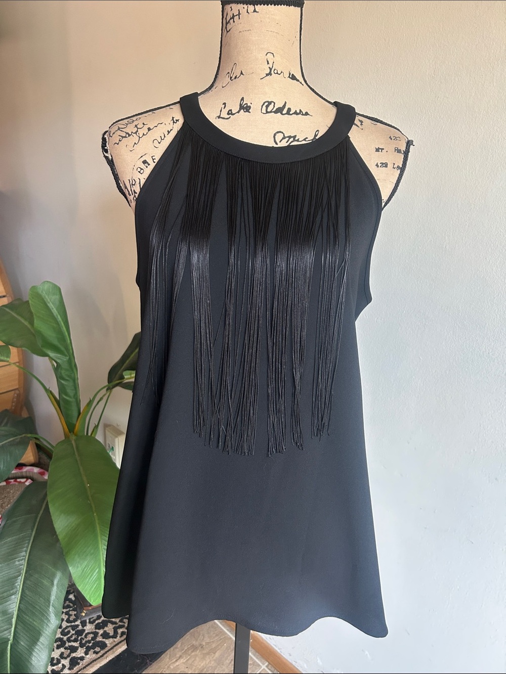 Alfani Sleeveless Fringe Black Top Size 10